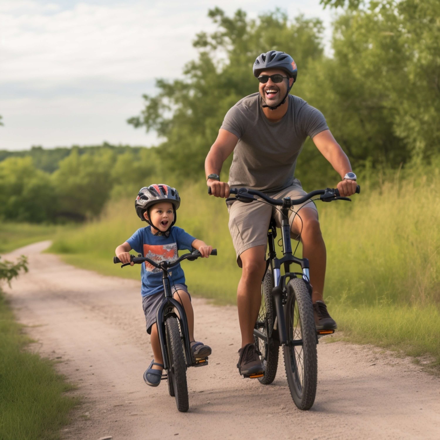 happy family with child riding bicycles in the city