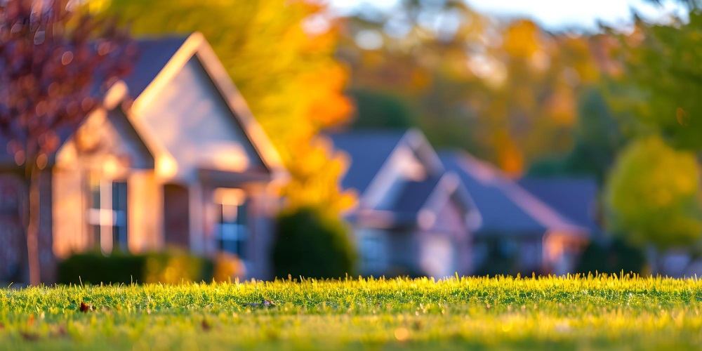 Blurred suburban houses across a sunlit lawn