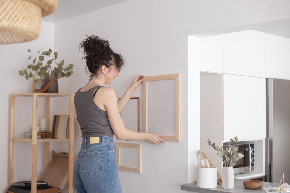Woman hanging empty picture frames on a white wall