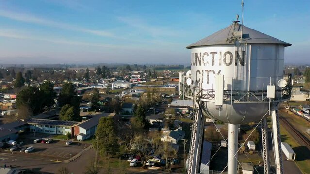drone photo of water tower and town of Junction City OR