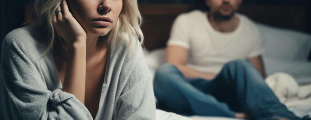 Woman in a bathrobe looking away while a man sits on the bed behind her