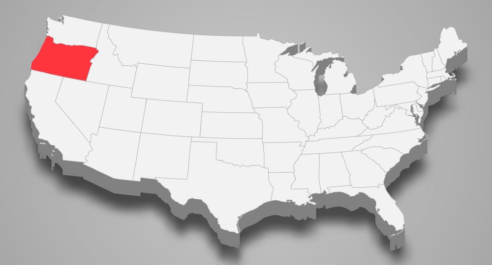 Map of the United States with Oregon highlighted in red
