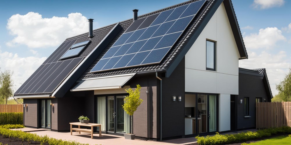 Modern dark house with rooftop solar panels