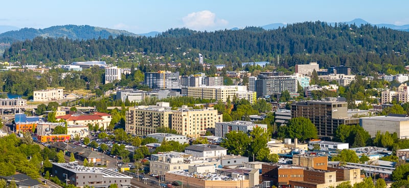Downtown Eugene, Oregon from the air with the south hills behind