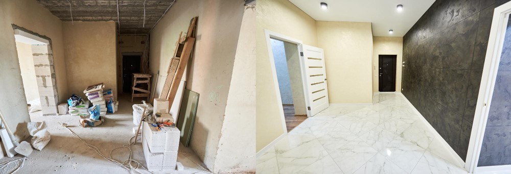 Split photo of a hallway under construction and the same space finished with tile