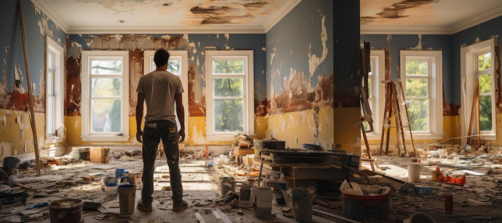 Man standing in a gutted room with peeling paint, buckets, and construction debris