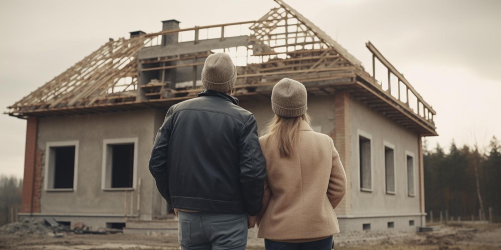 Couple in winter coats looking at an unfinished house with an open roof