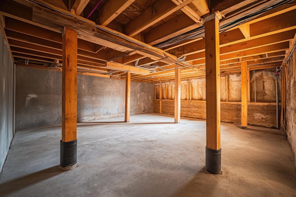 Unfinished basement with wood posts and a concrete floor