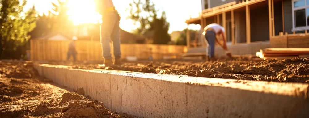 Workers pouring a concrete foundation at sunset