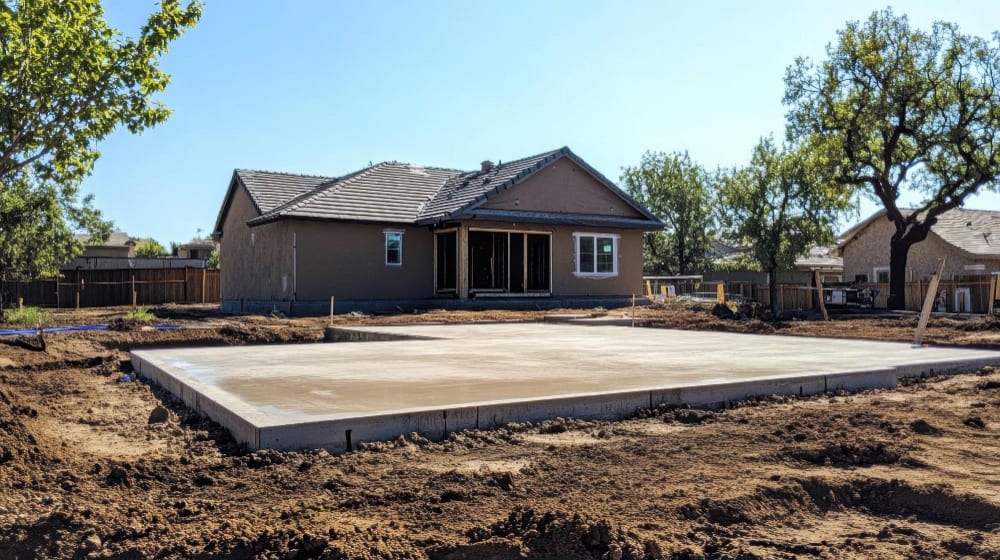 New concrete slab beside a house under construction