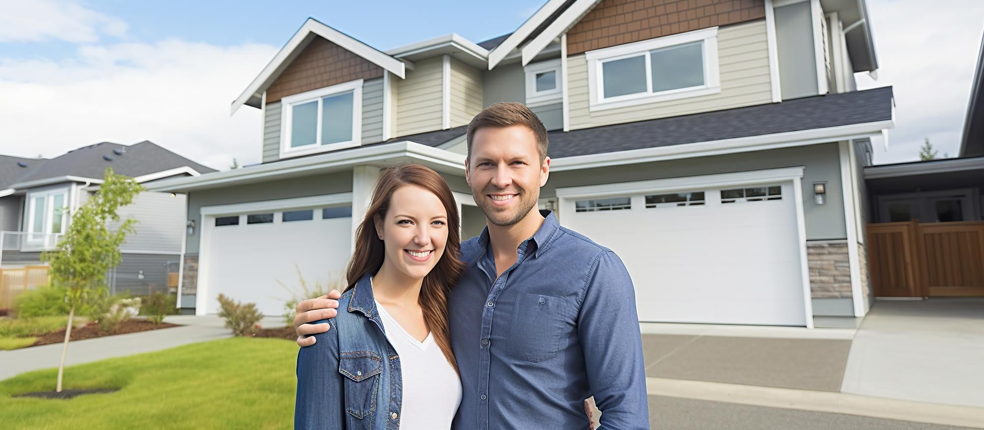 Couple standing in front of a two-story house with white garage doors