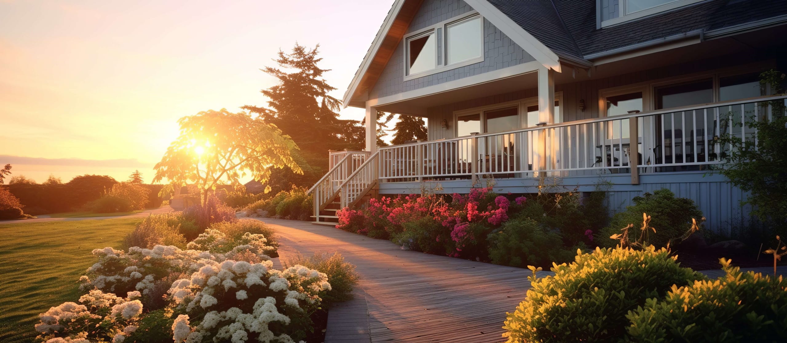 Gray house with a flowered walkway and deck at sunset