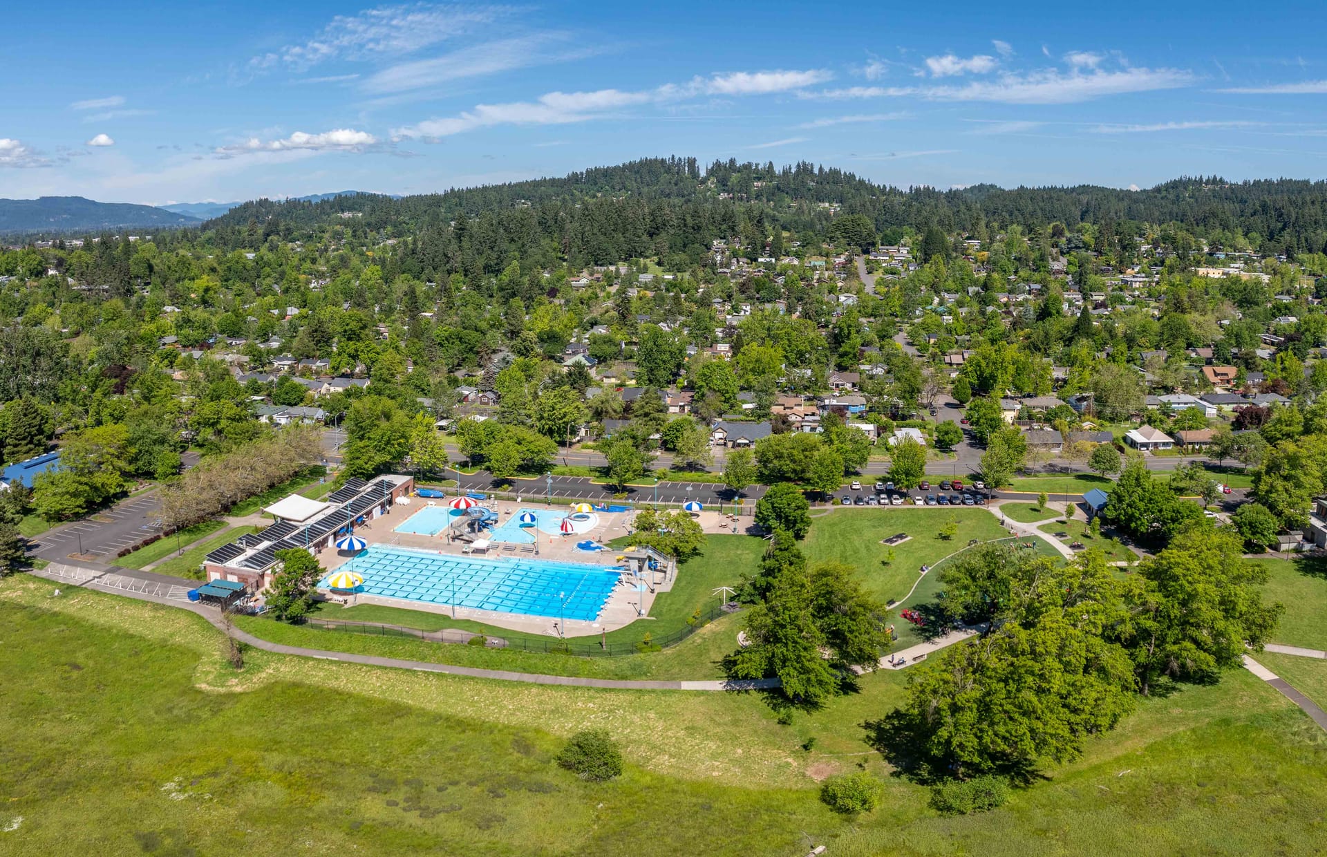 Aerial of Amazon Pool and south Eugene homes among the trees