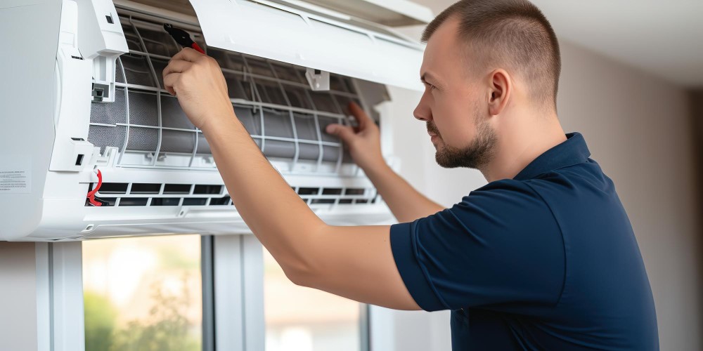 Man checking the filter on a wall-mounted mini-split unit