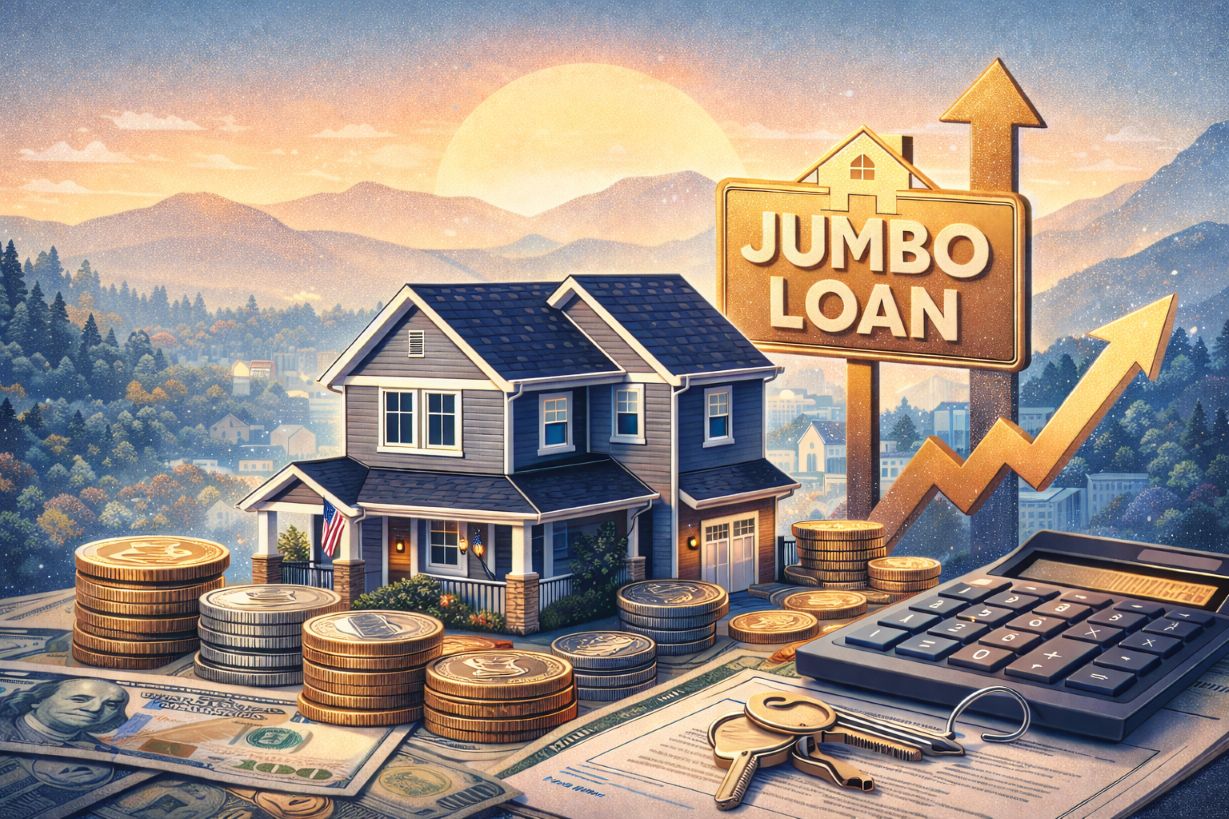 Illustrated two-story home with coins, keys, and a Jumbo Loan sign