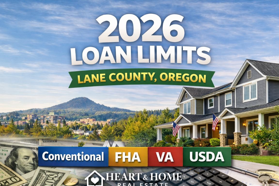 2026 loan limits graphic for Lane County, Oregon: Conventional, FHA, VA, and USDA