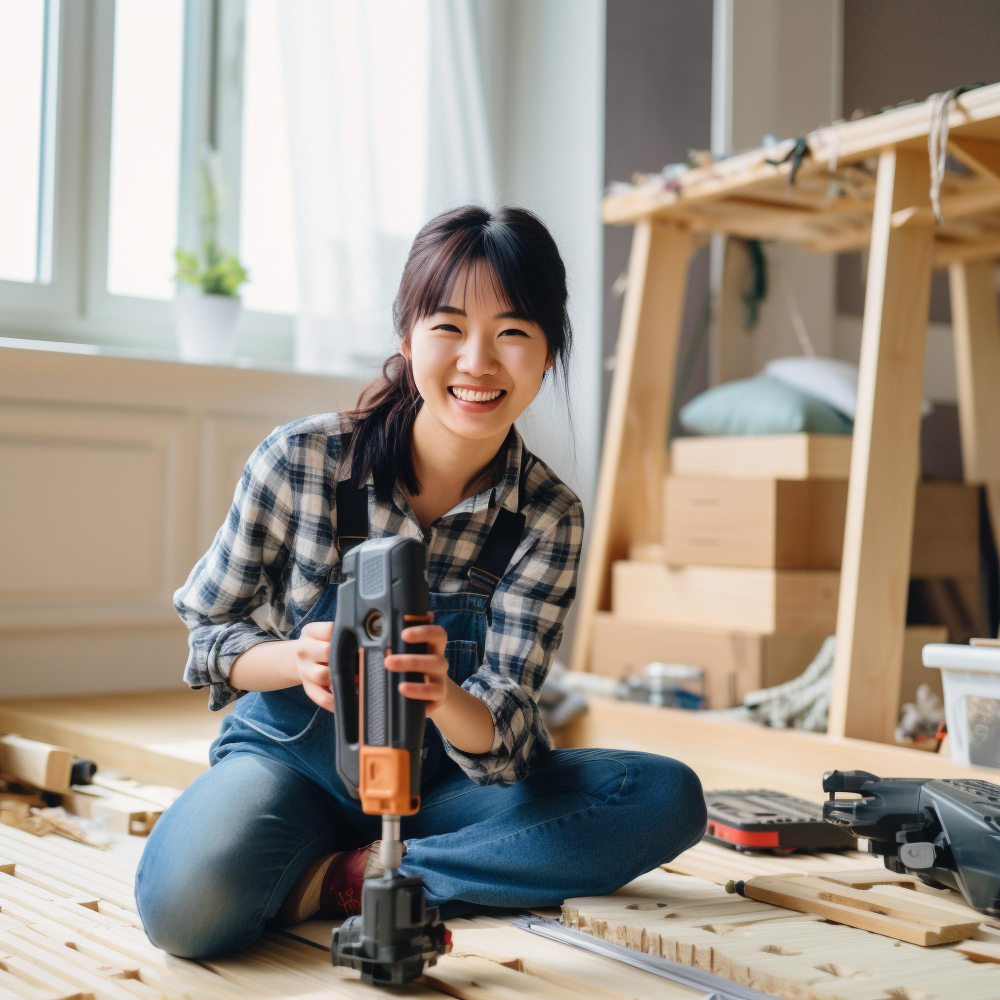 Woman sitting on a wood floor holding a drill