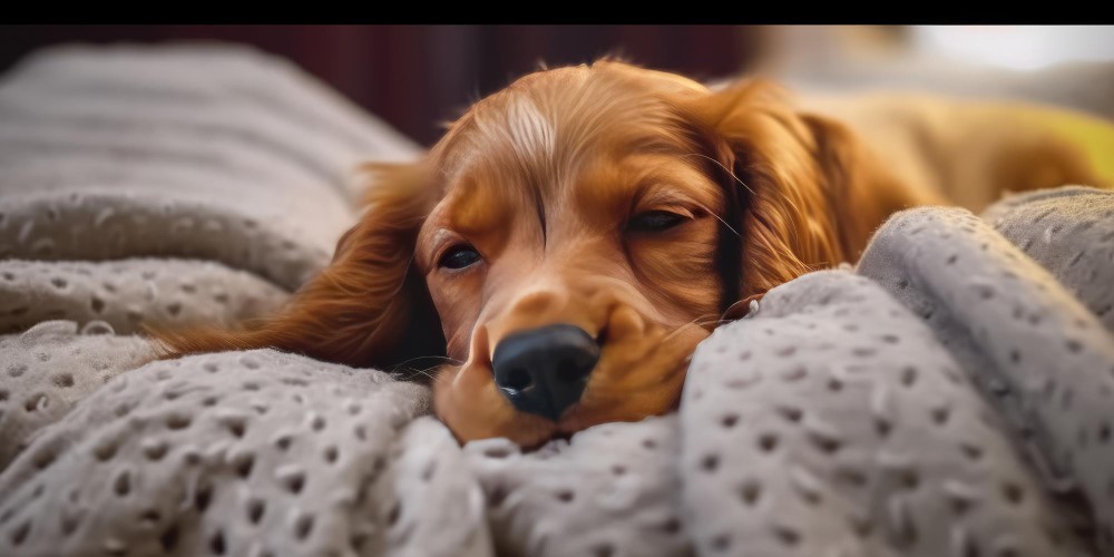 Golden puppy sleeping on a gray blanket