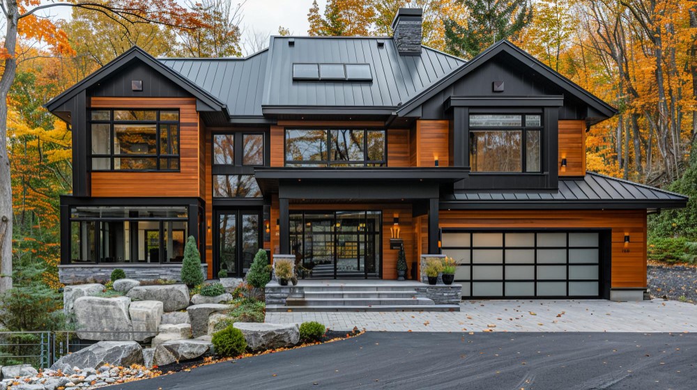 Modern two-story house with wood siding, black trim, and fall trees