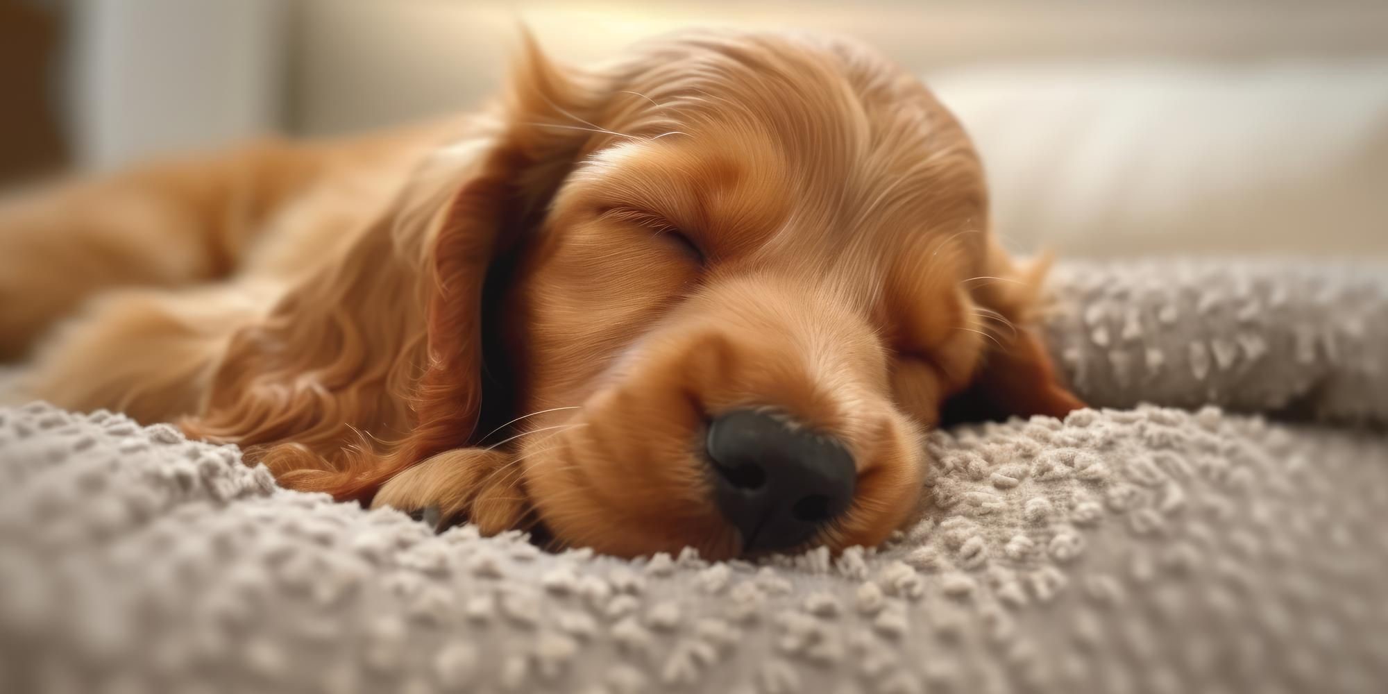 Golden puppy sleeping on a gray blanket