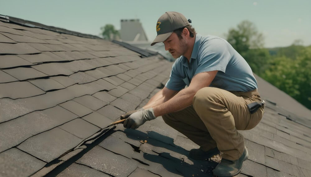 Inspector kneeling on a shingle roof and checking a cracked seam