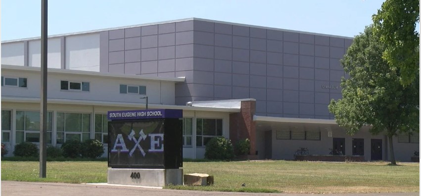 South Eugene High School Axe sign and gymnasium