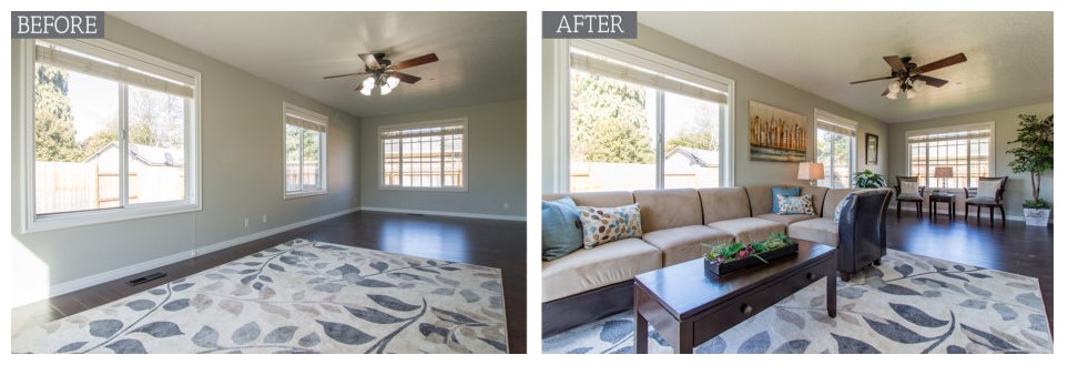 Before and after of a living room with furniture added