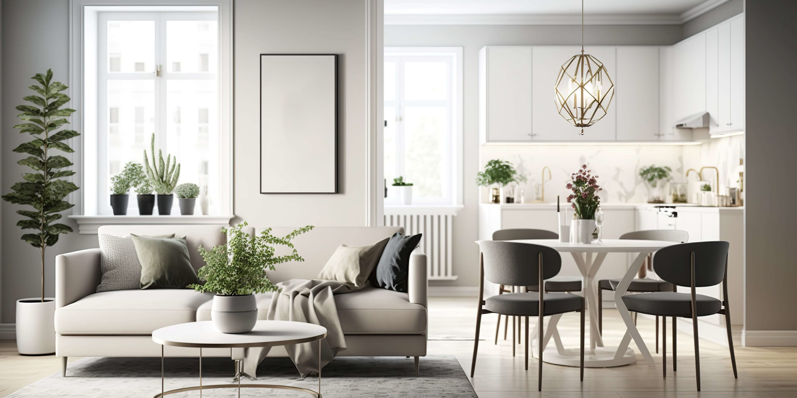 Staged living room and dining area with a white sofa and round table