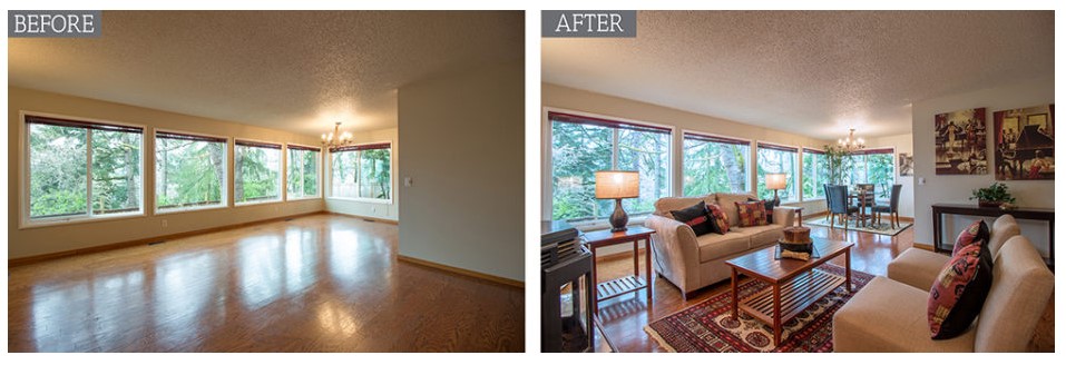 Before and after of a window-lined living room