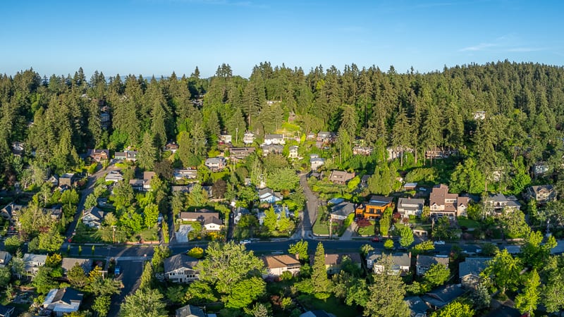 Aerial view of a tree-lined Eugene neighborhood