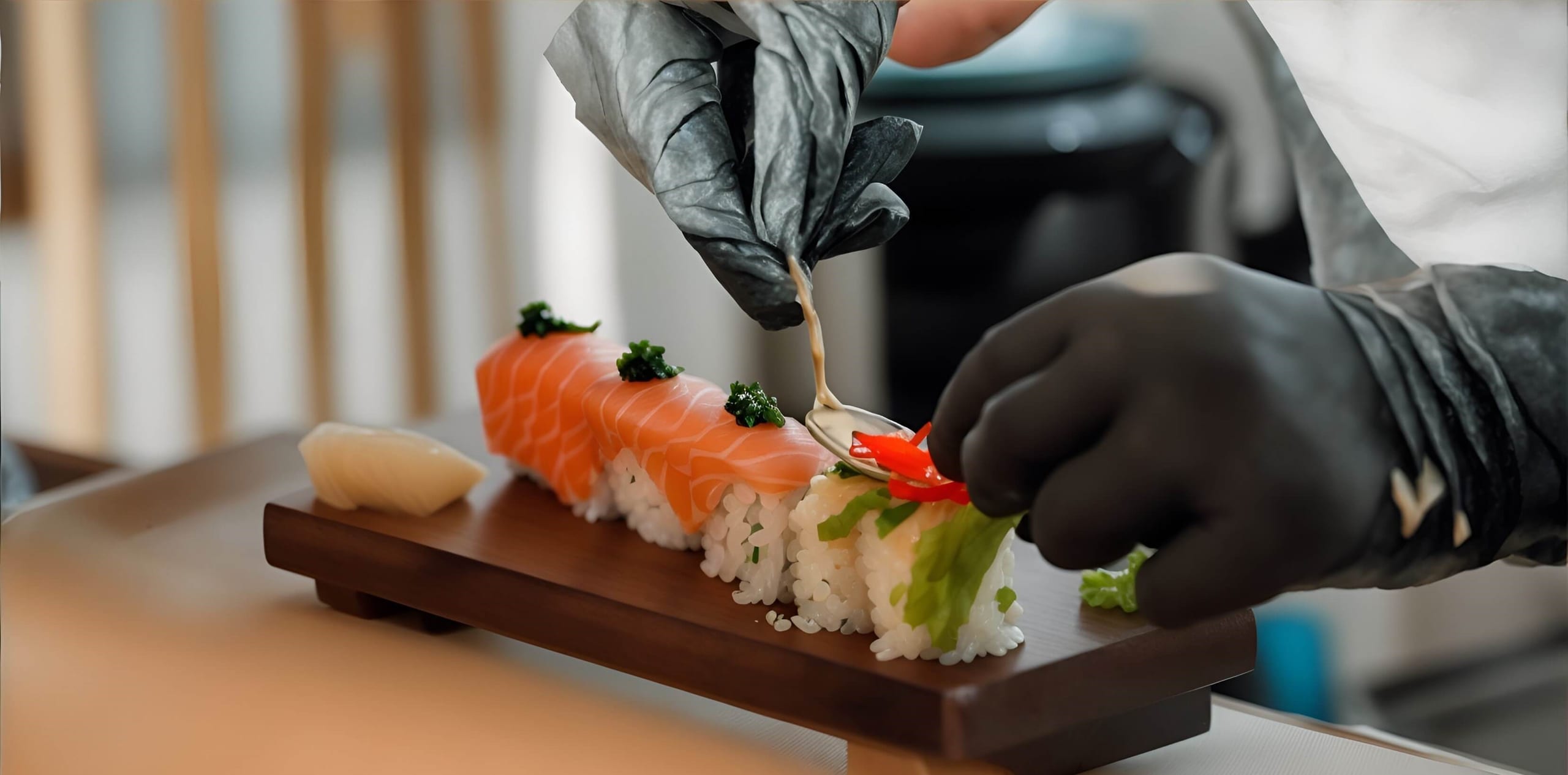 Gloved hands finishing salmon sushi rolls