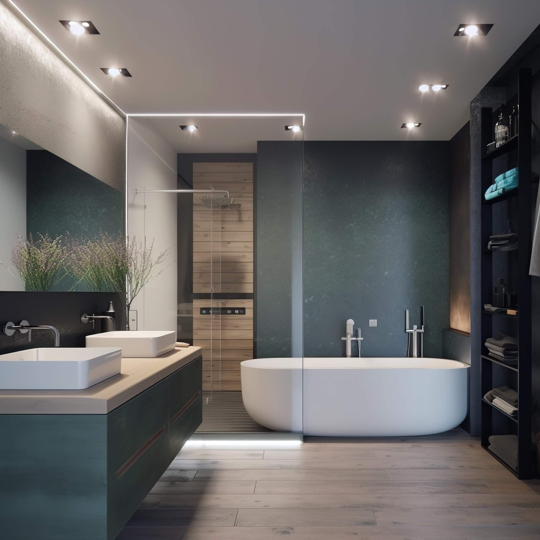 Modern bathroom with a freestanding tub and glass shower