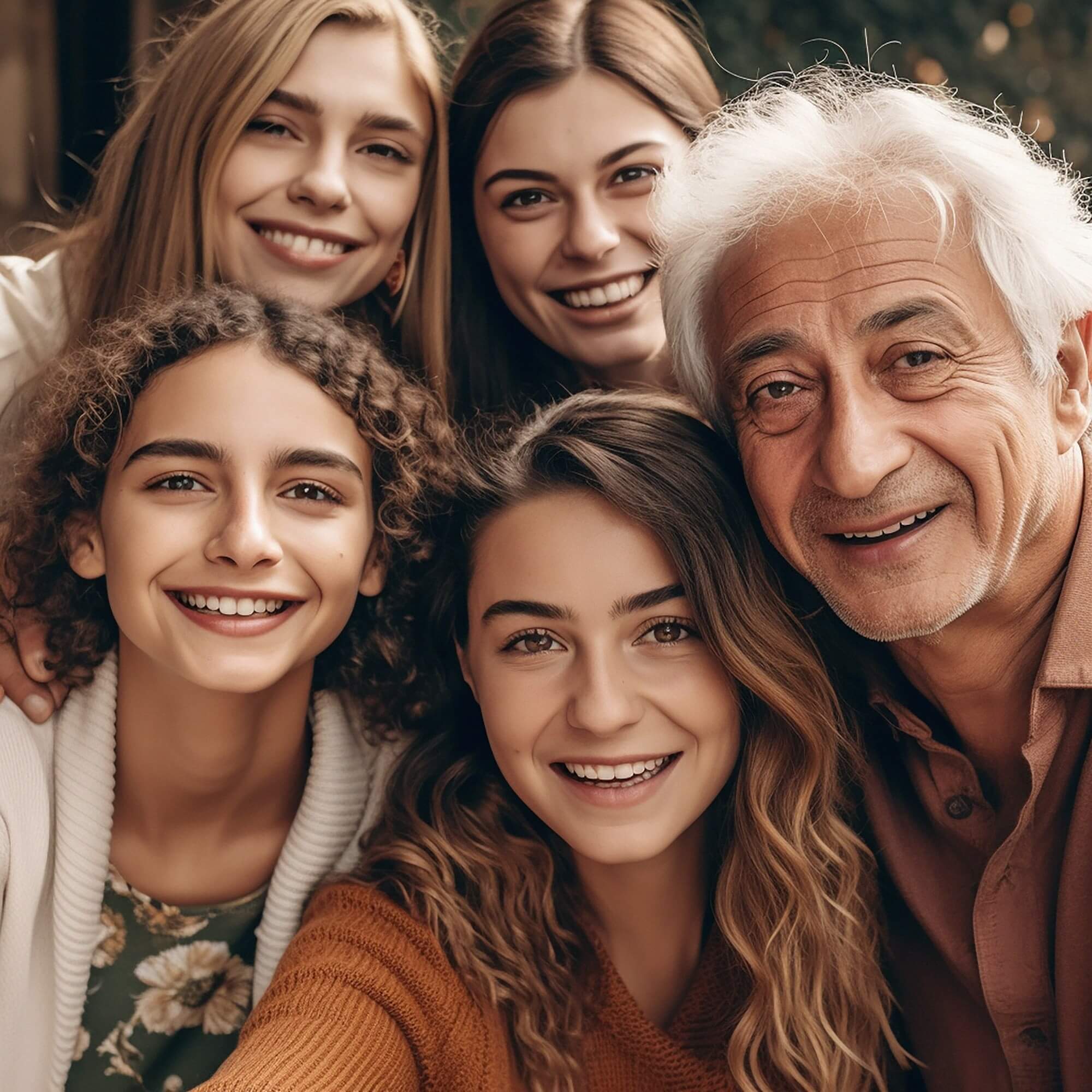 Smiling multi-generational family in a close group photo