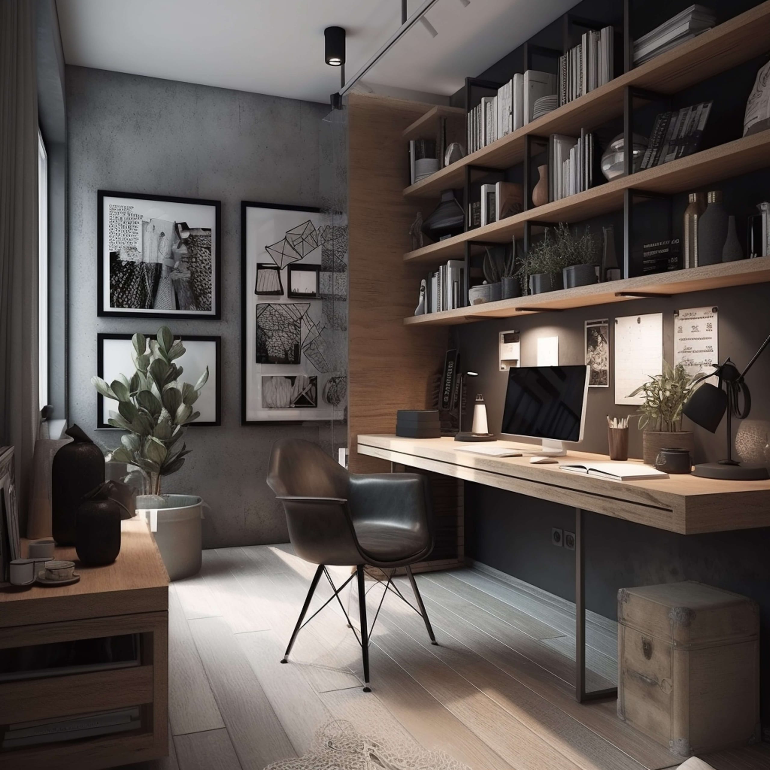 Home office with a long desk, shelves, and a leather chair