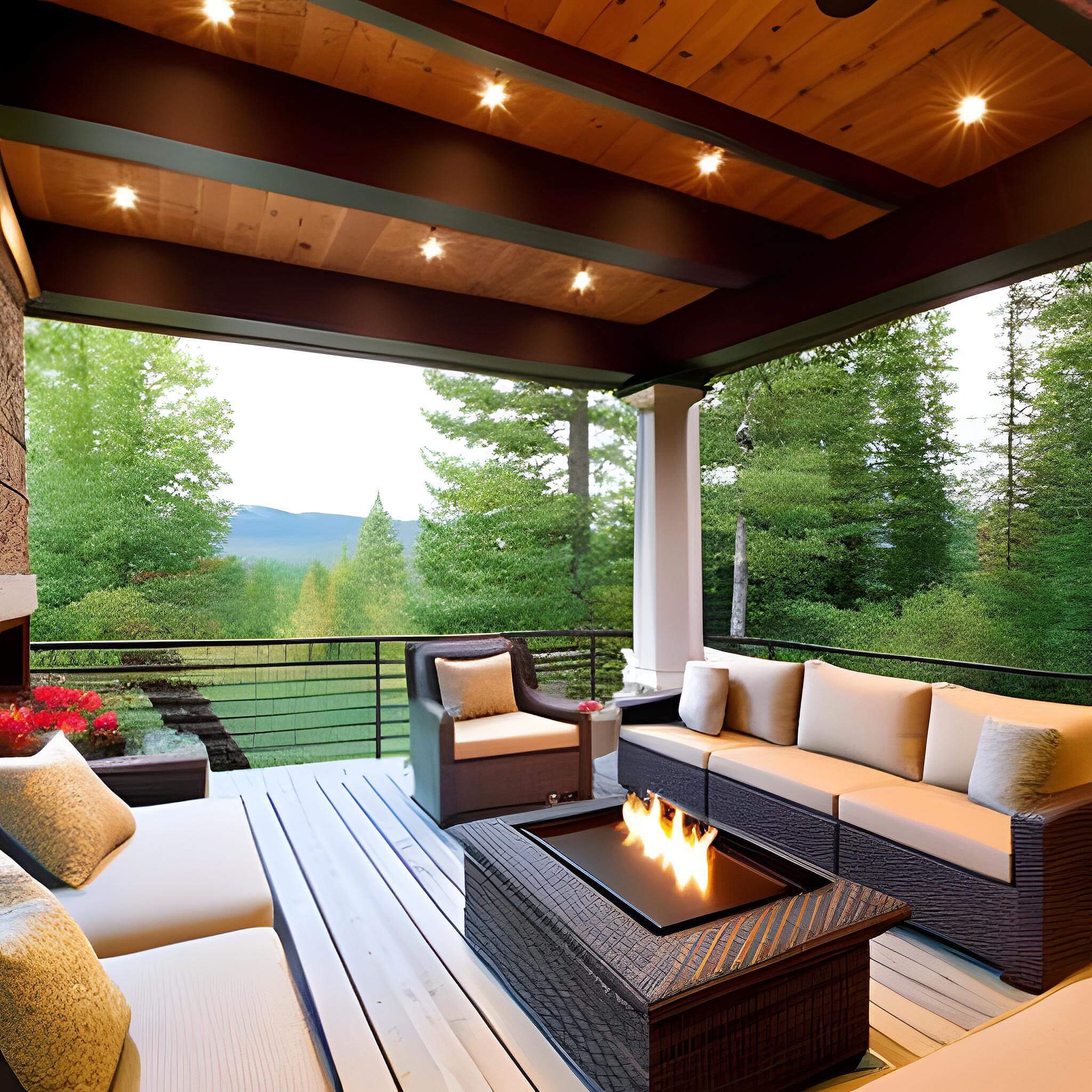 Covered patio with a fire table and forest view