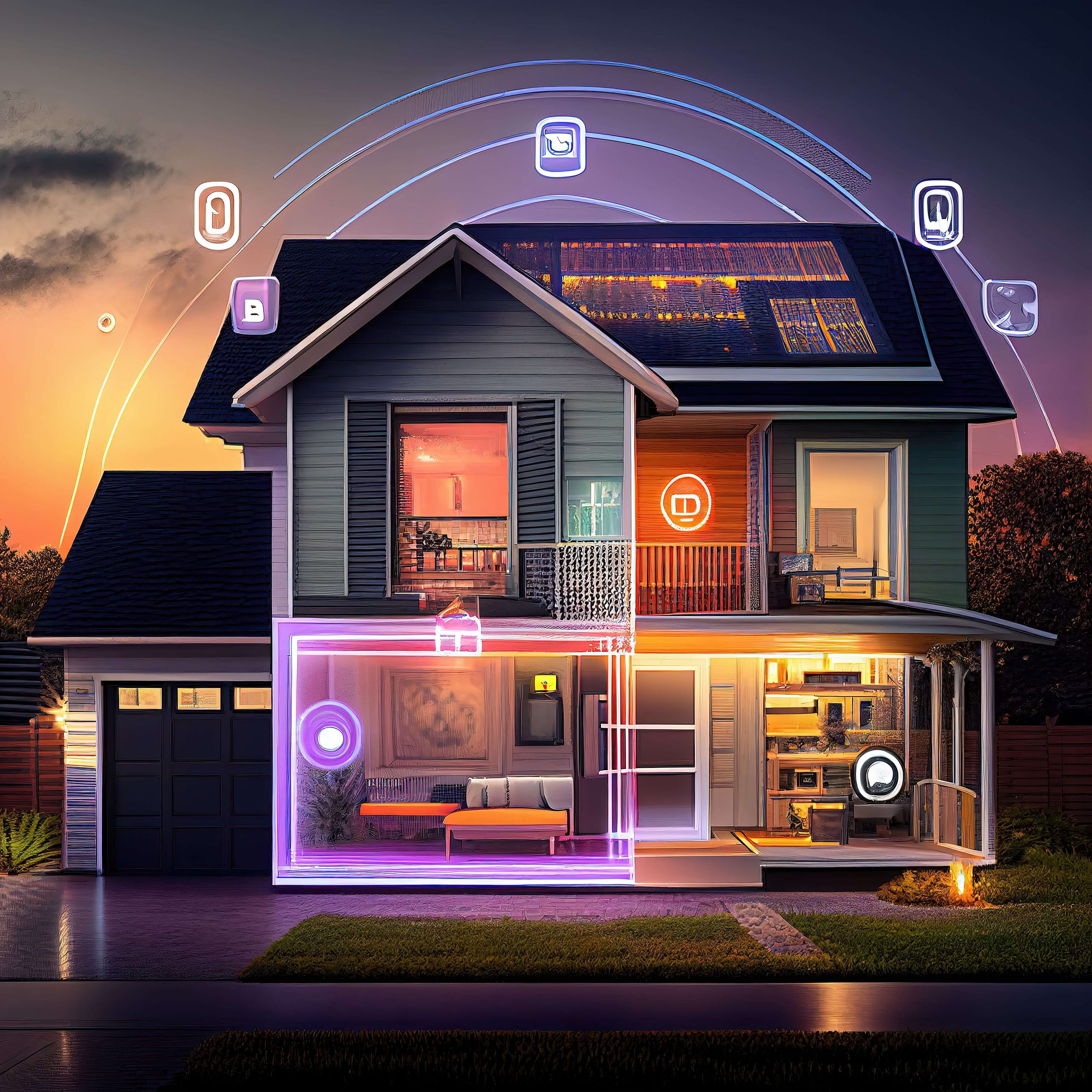 Illustrated house with glowing smart-home icons