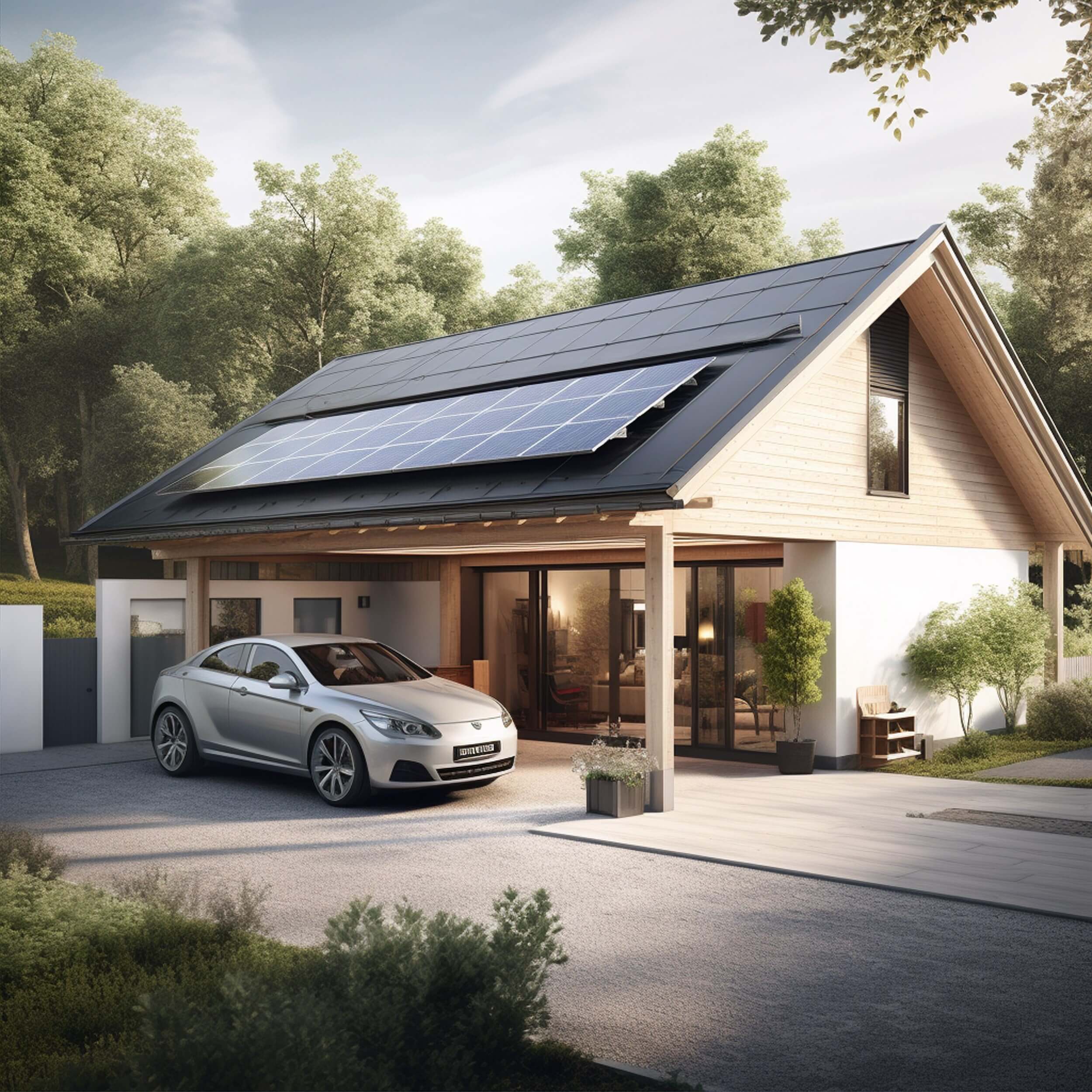 House with rooftop solar panels and an electric car in the carport