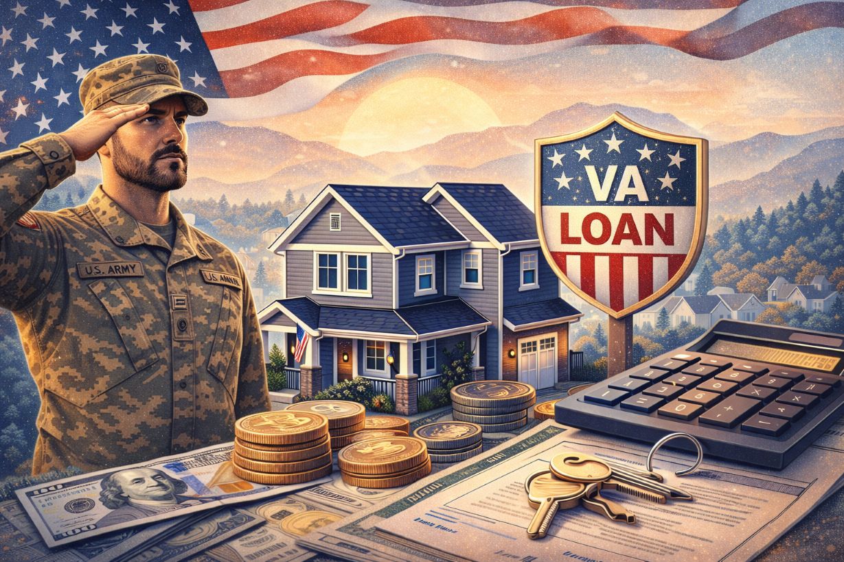 Illustrated U.S. Army veteran saluting beside a home and a VA Loan shield