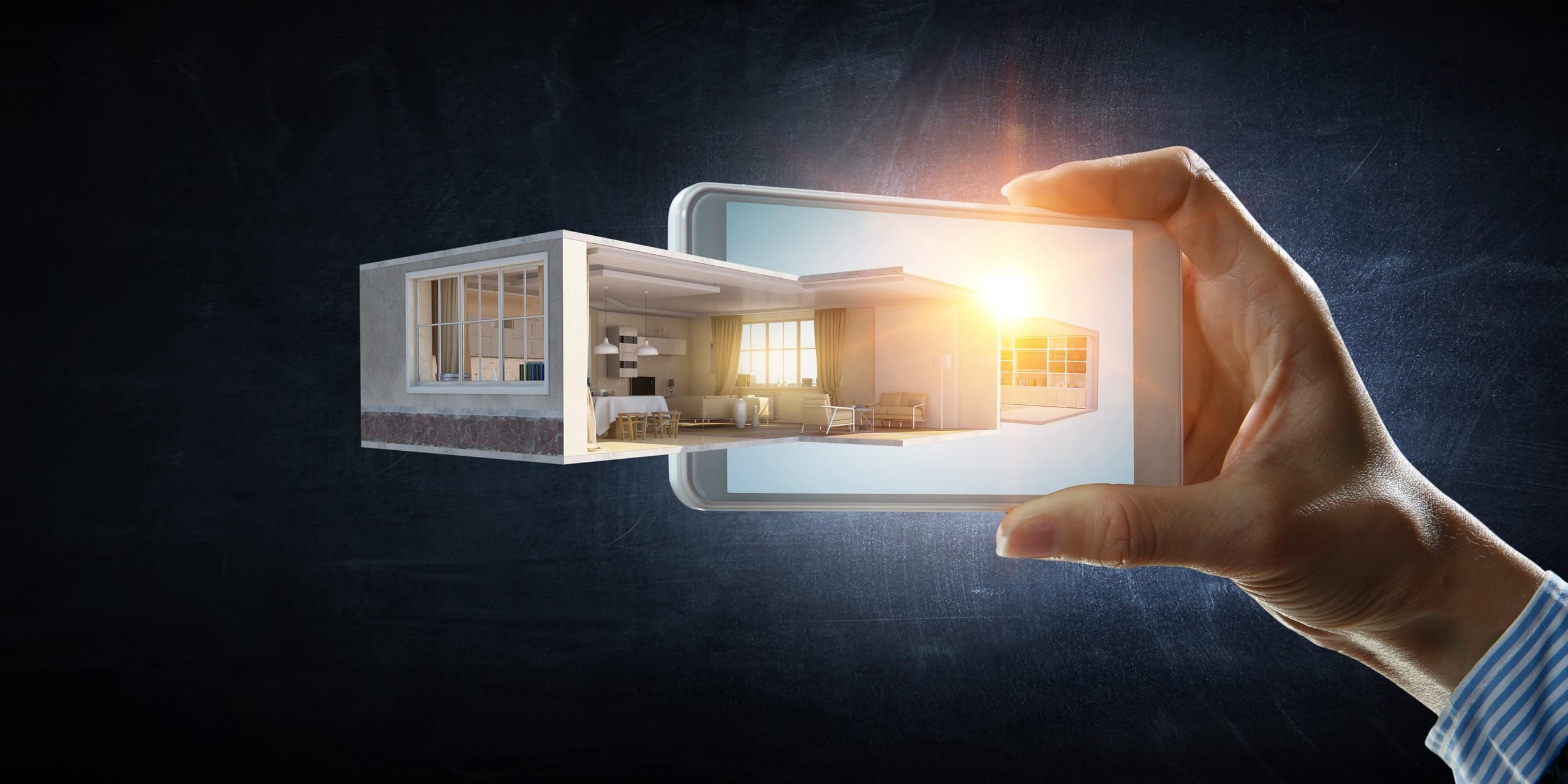 Hand holding a phone with a cutaway house coming out of the screen