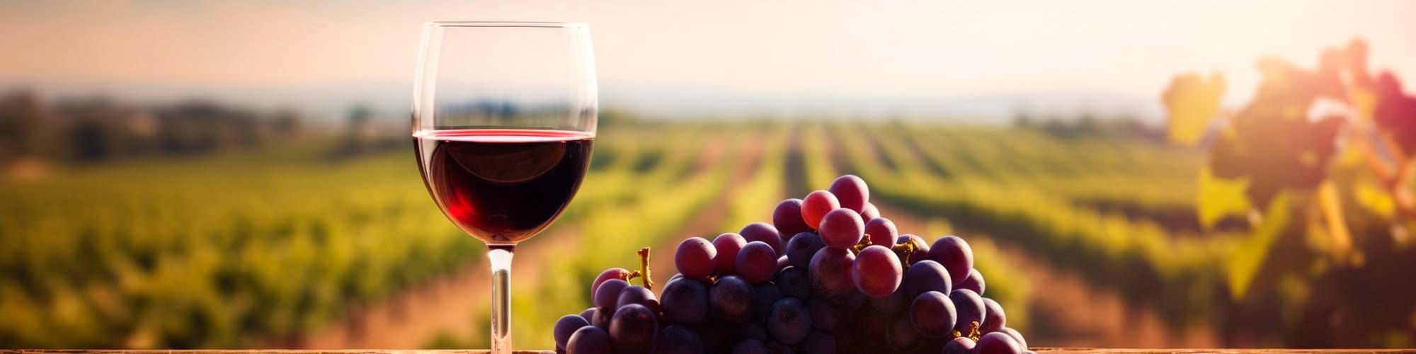 Glass of red wine and grapes in front of a vineyard